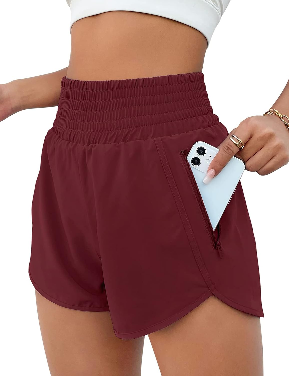 High Waisted Athletic Shorts Women Running Workout Shorts with Pockets Gym Sporty Wine Red