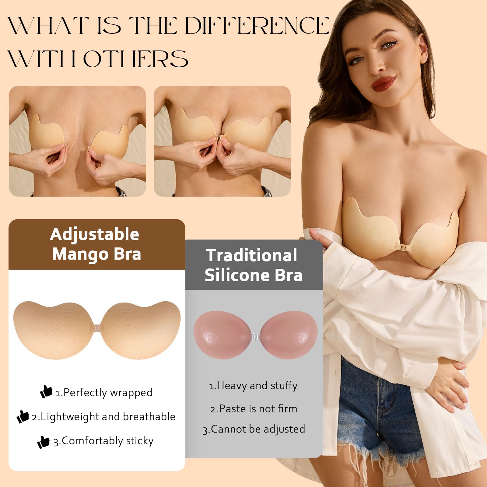 Strapless Backless Adhesive Push Up Bra - Invisible Sticky Bra with Nipple Covers