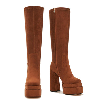 ZXHYZLZ Women's Wide Calf Knee High Suede Platform Boots – Chunky High Heel Stretch Pull-On Tall Boots for Plus Size Legs Size 10