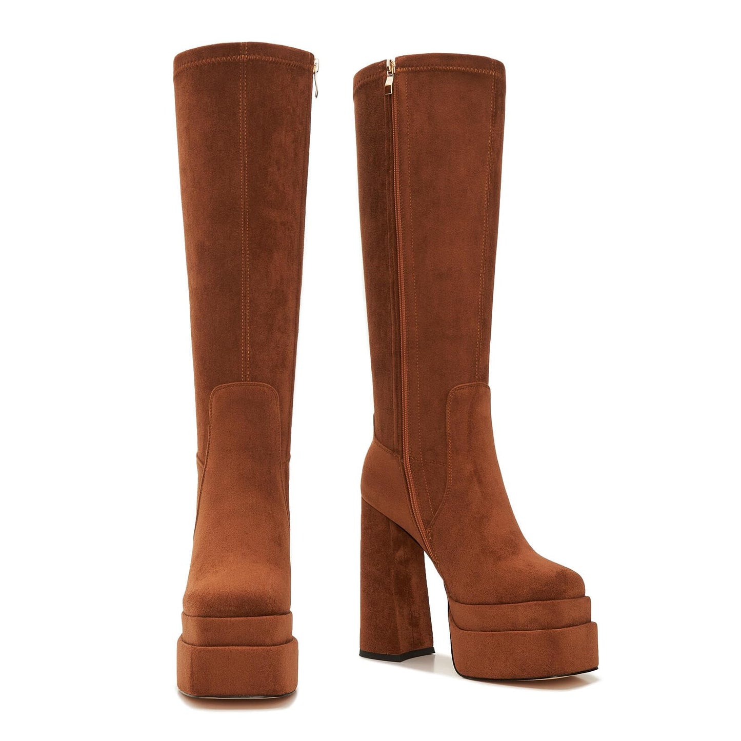 ZXHYZLZ Women's Wide Calf Knee High Suede Platform Boots – Chunky High Heel Stretch Pull-On Tall Boots for Plus Size Legs Size 10