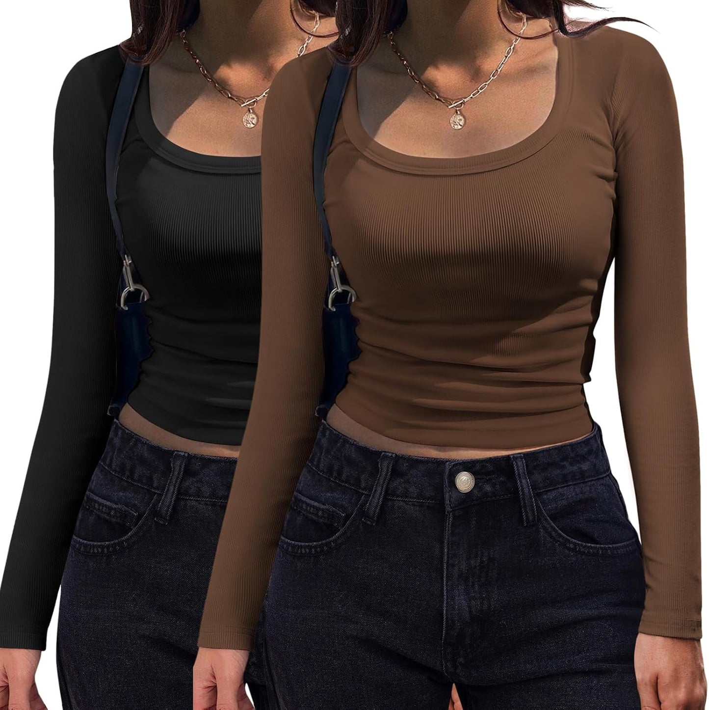 Women's Long Sleeve Scoop Neck Shirt Slim Fit Rib Knit Top Brown and Black