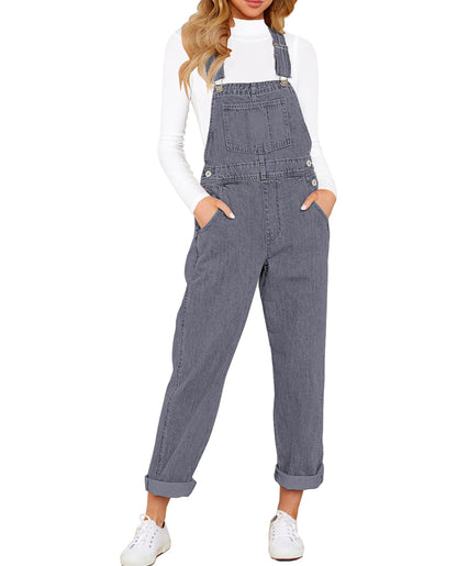 Denim Bib Overalls - Adjustable Loose Fit Jeans Jumpsuit for Women Gray