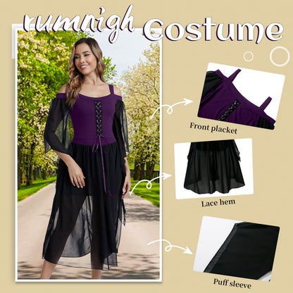 Medieval Costume Dress for Women - Renaissance Gothic Gown with Trumpet Sleeves