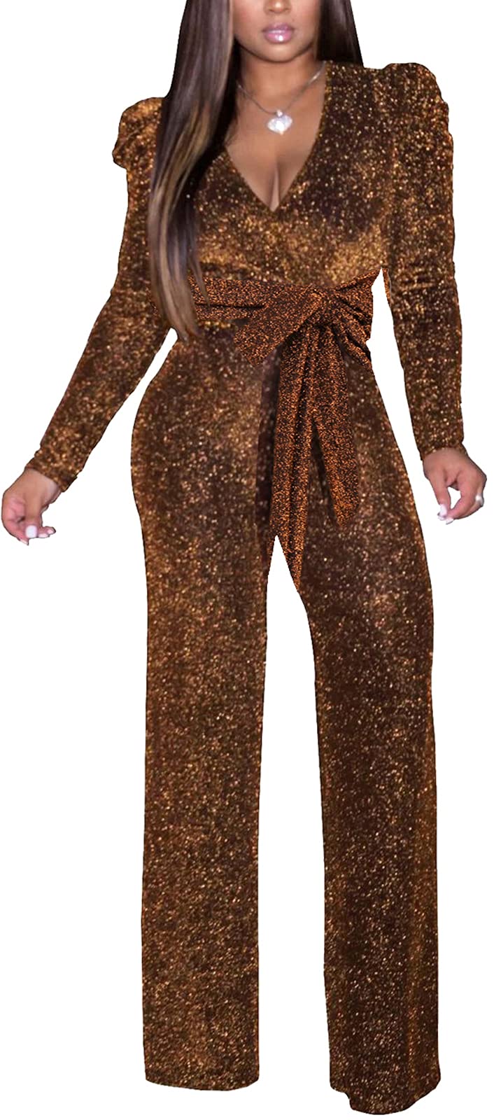 Women's Sparkly Jumpsuits Sexy Long Sleeve Cocktail Elegant Mock Neck Bodycon Straight Long Pants Rompers with Pockets
