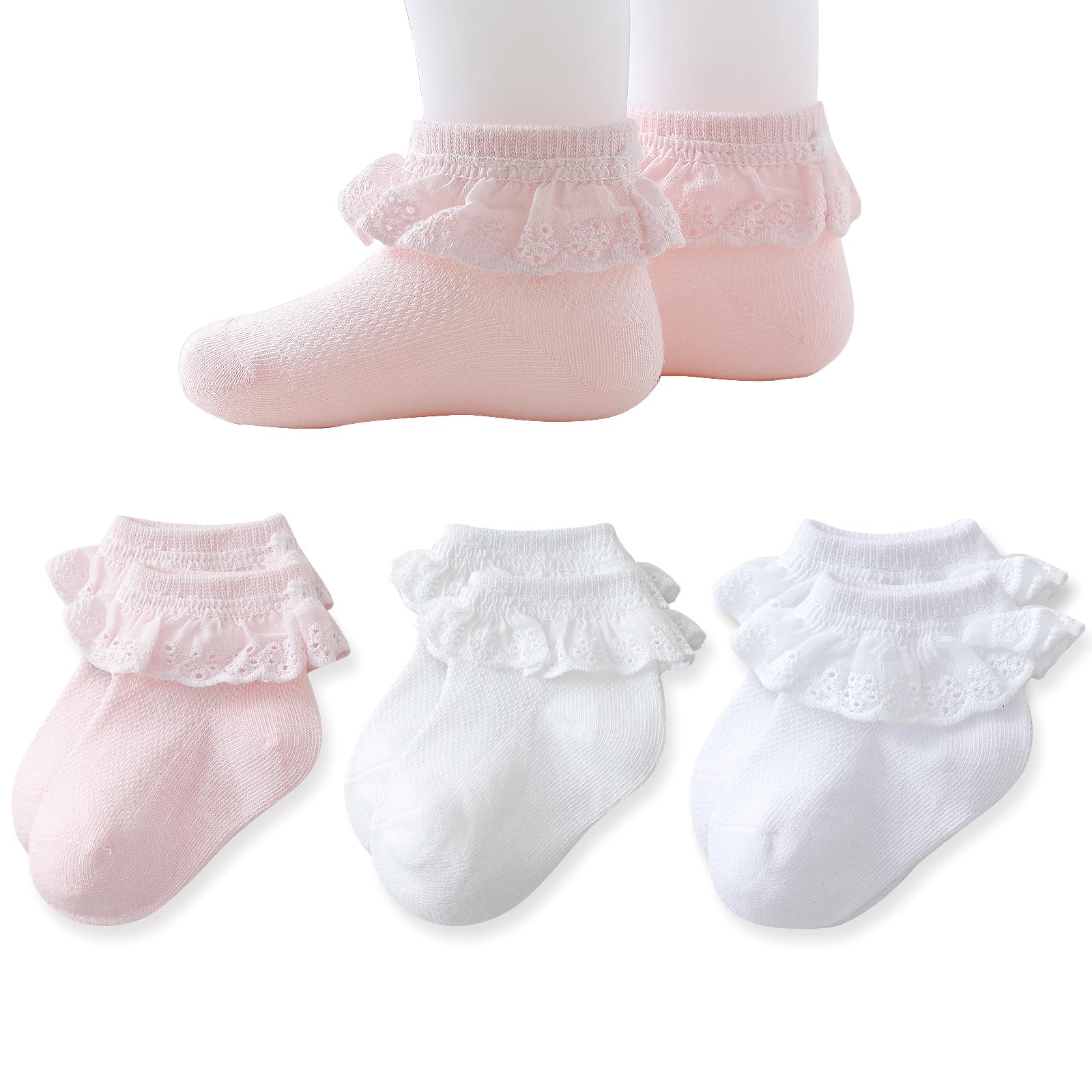 Baby Girl Lace Socks - Newborn Eyelet Ruffle Crew Socks 0-6 6-12 12-24 Months Cotton