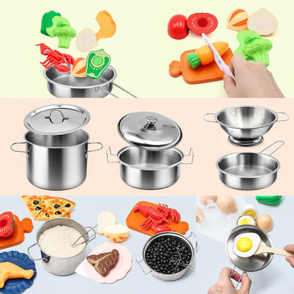 Kids Kitchen Playset - 38Pcs Stainless Steel Pots Pans Cooking Toys with Play Food Set