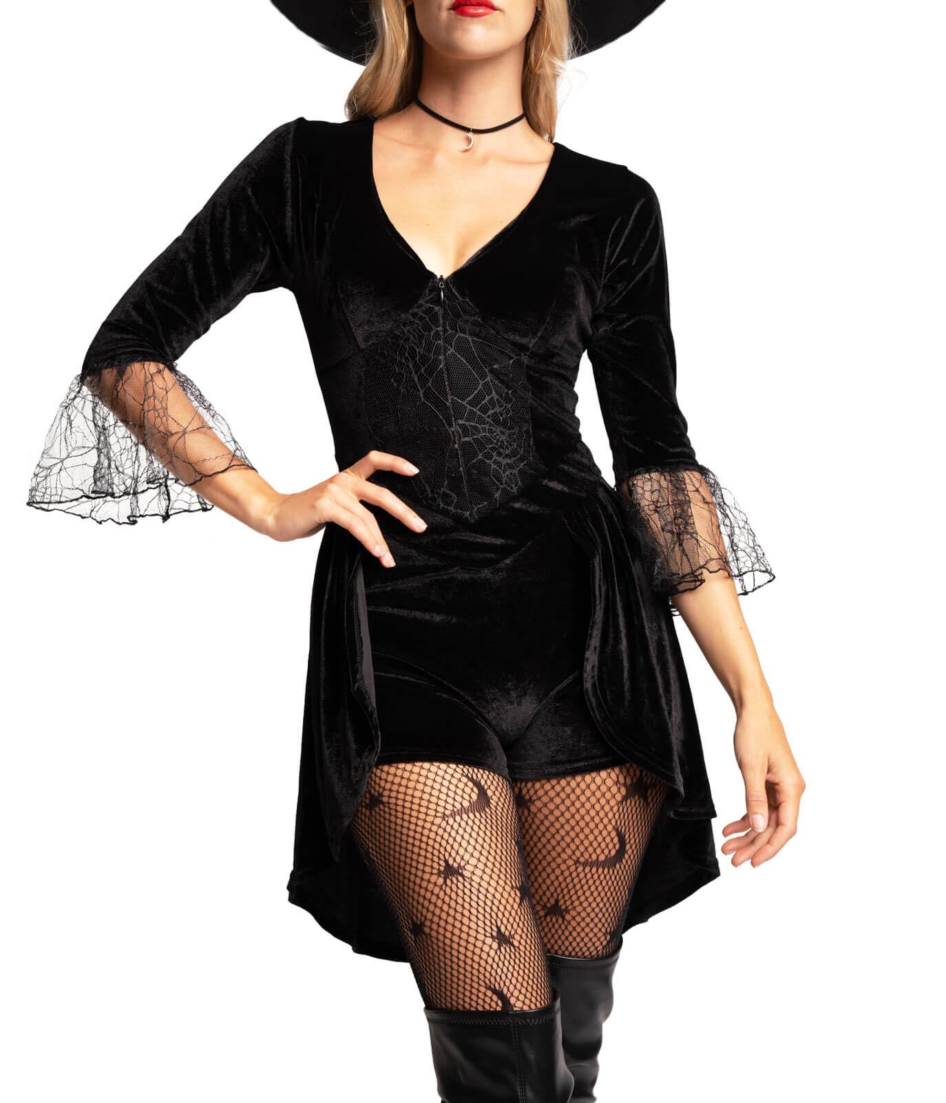 Women's Classic Witch Costume - Black Velour Bodysuit with Hat and Lace Sleeves