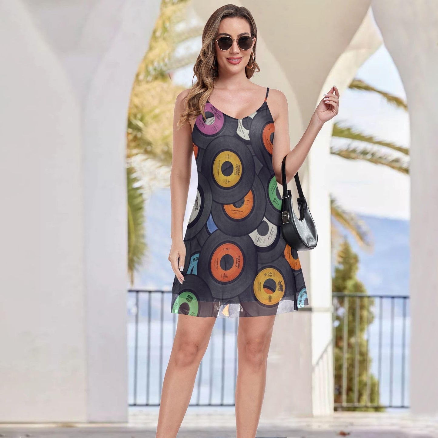 Women's Vinyl Records Print Summer Dress - Sleeveless Halter Sundress with Pockets