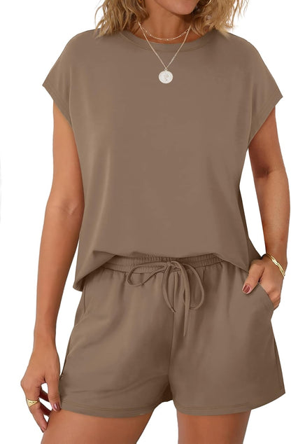 Women's 2 Piece Summer Lounge Set Crew Neck Short Sleeve Tracksuit