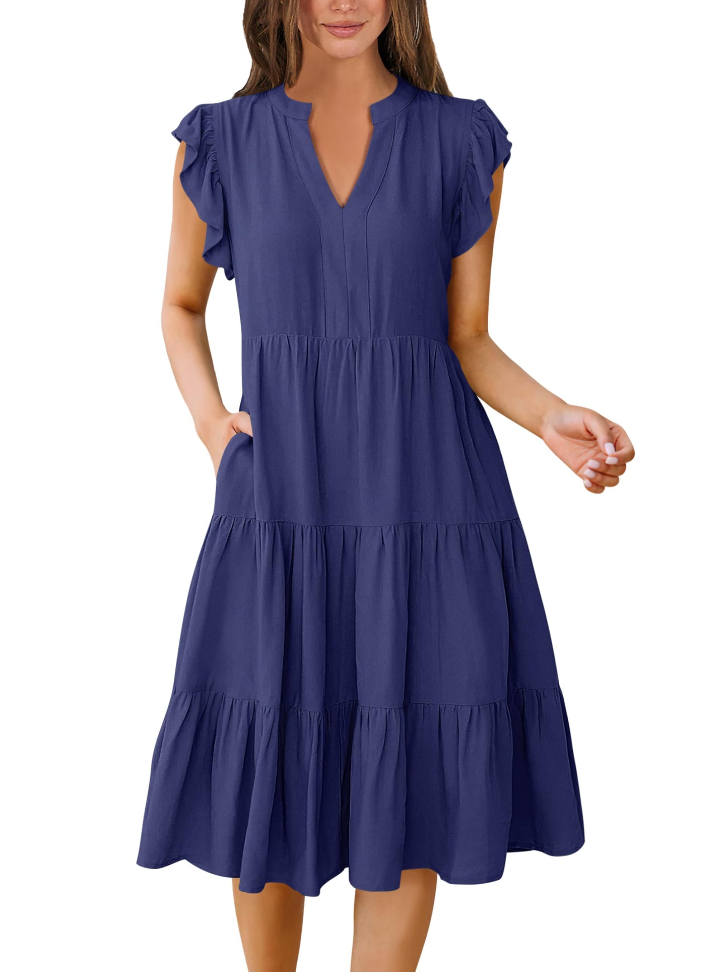 Blue Casual Dresses - Women's Summer Midi Dress - Ruffle Sleeve V-Neck Boho Beach Dress Navy Blue