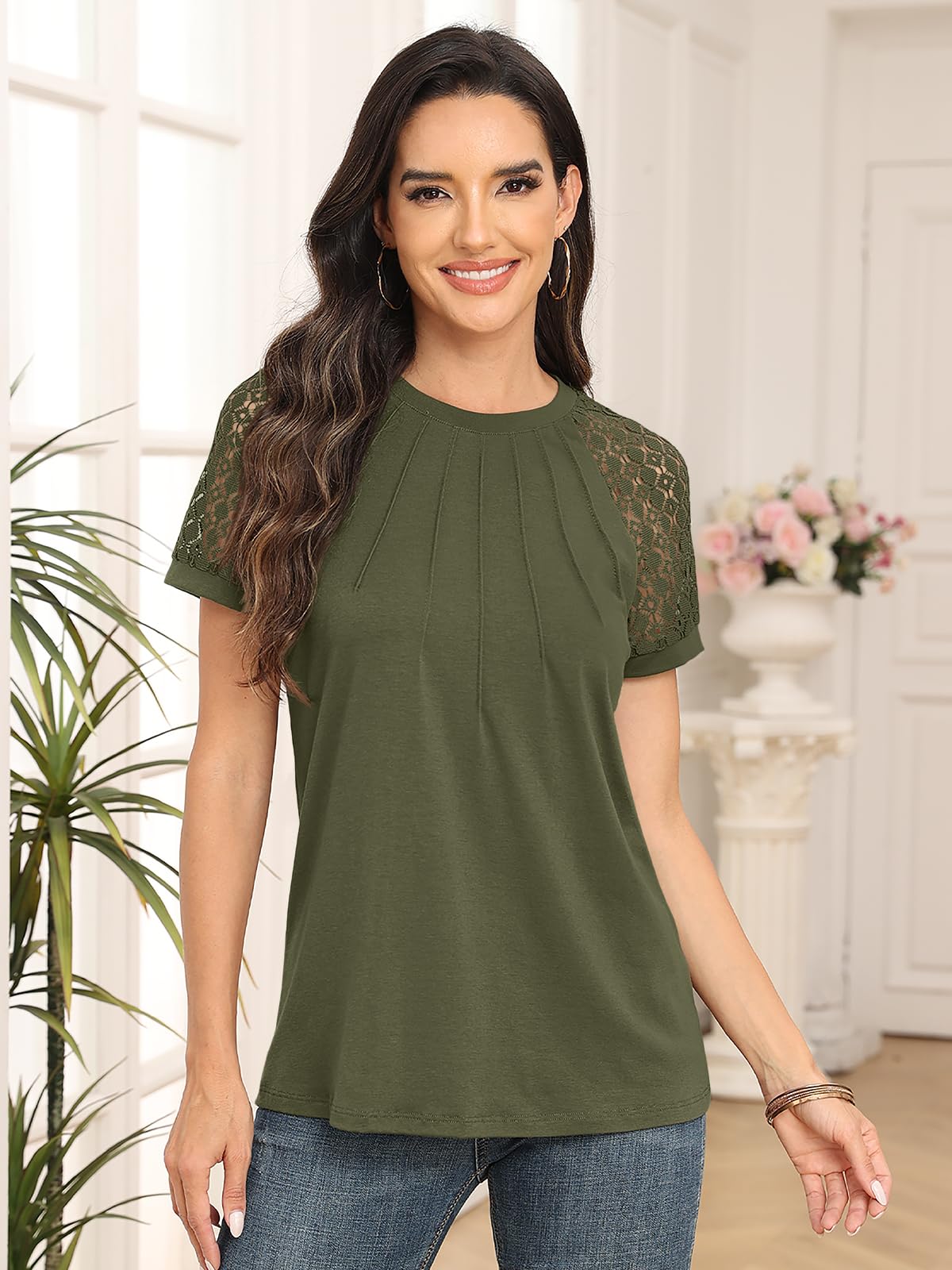 Women's Summer Lace Top Short Sleeve Business Casual Blouse