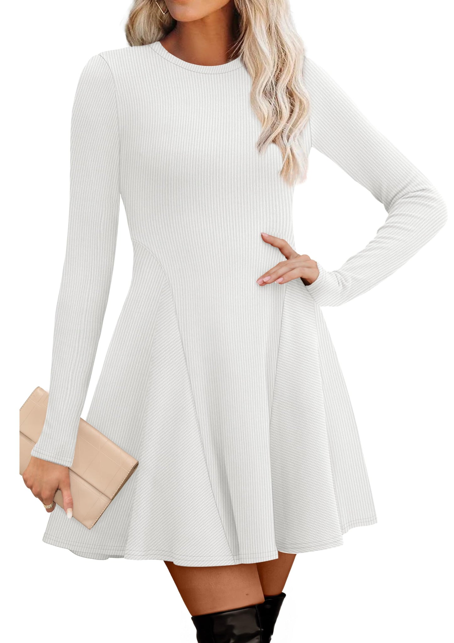 Women's Sweater Dress - Long Sleeve Ribbed Knit Fit and Flare A-Line Dress