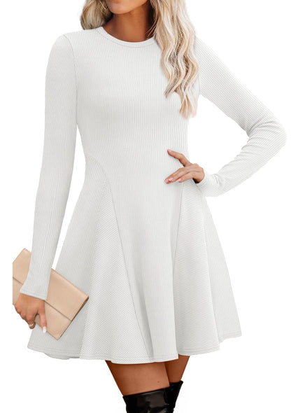 Women's Sweater Dress - Long Sleeve Ribbed Knit Fit and Flare A-Line Dress White