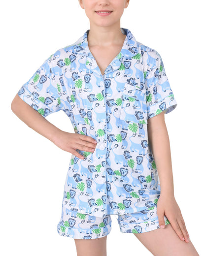 Roller Rabbit Pajamas Kids - Girls Summer 2 Piece Set - Button Down Top and Shorts Leo the Lion