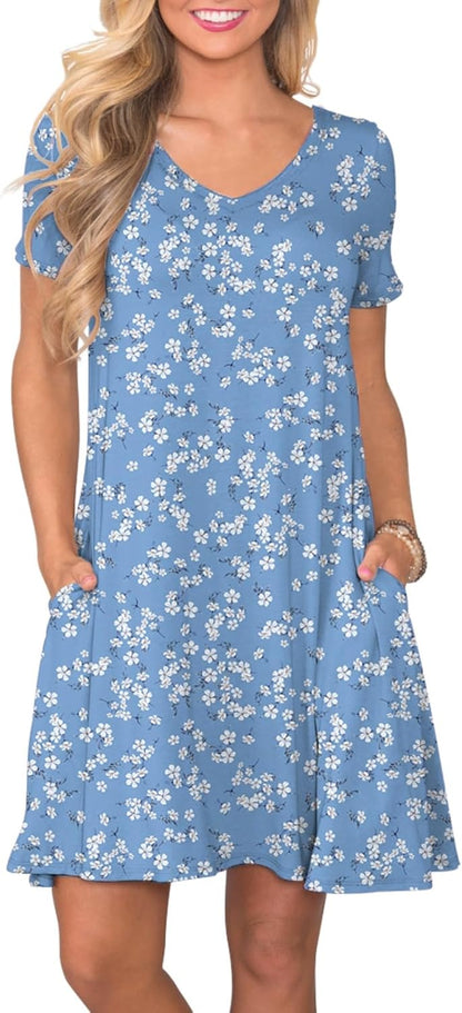 Women's Casual T-Shirt Dress Short Sleeve Summer Swing Dress with Pockets Lb White Floret-tl1688