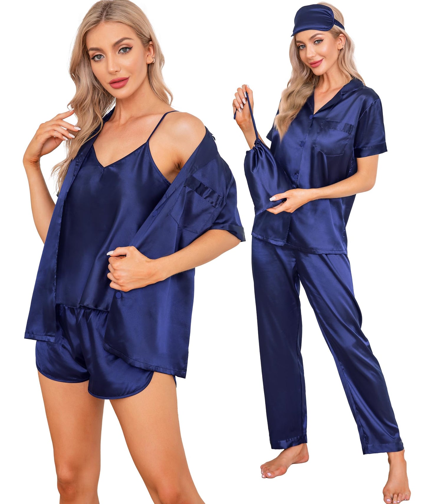 SWOMOG Womens Silk Satin Pajamas Sets 7pcs Sleepwear Sexy Cami Shorts Set and Button Down Short Sleeve Satin Pjs