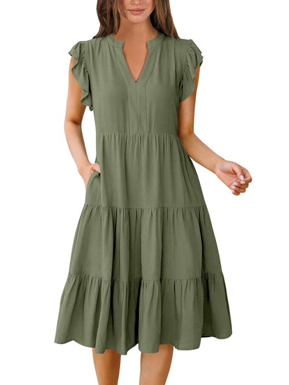 Blue Casual Dresses - Women's Summer Midi Dress - Ruffle Sleeve V-Neck Boho Beach Dress Olive