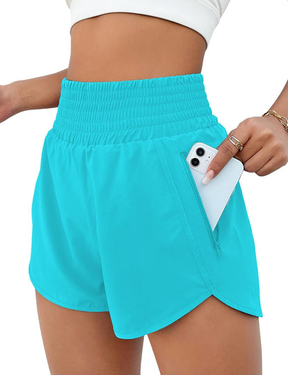 High Waisted Athletic Shorts Women Running Workout Shorts with Pockets Gym Sporty Lake Blue