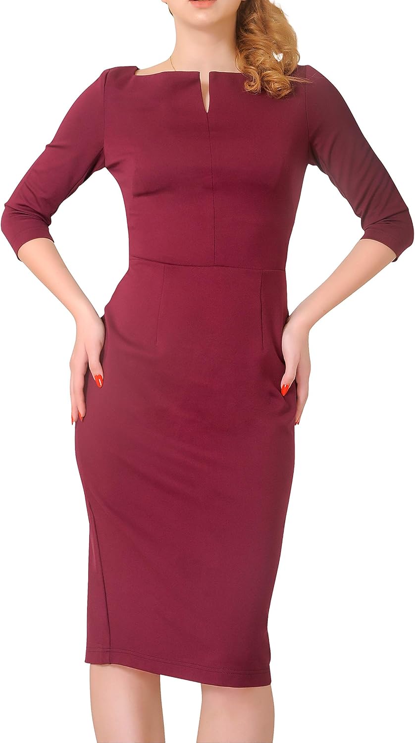 Work Office Business Dress - Square Neck Sheath Midi Dress with Long Sleeves 4 Burgundy