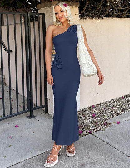 Women's One Shoulder Maxi Dress - Floral Ribbed Knit Summer Cocktail Dress