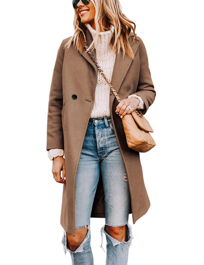 Wool Blend Pea Coat - Double Breasted Mid Length Trench Coat for Women Camel