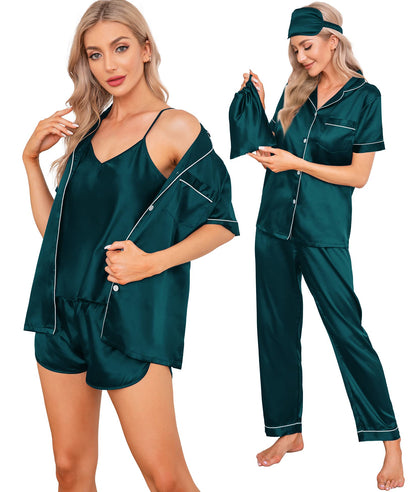SWOMOG Womens Silk Satin Pajamas Sets 7pcs Sleepwear Sexy Cami Shorts Set and Button Down Short Sleeve Satin Pjs