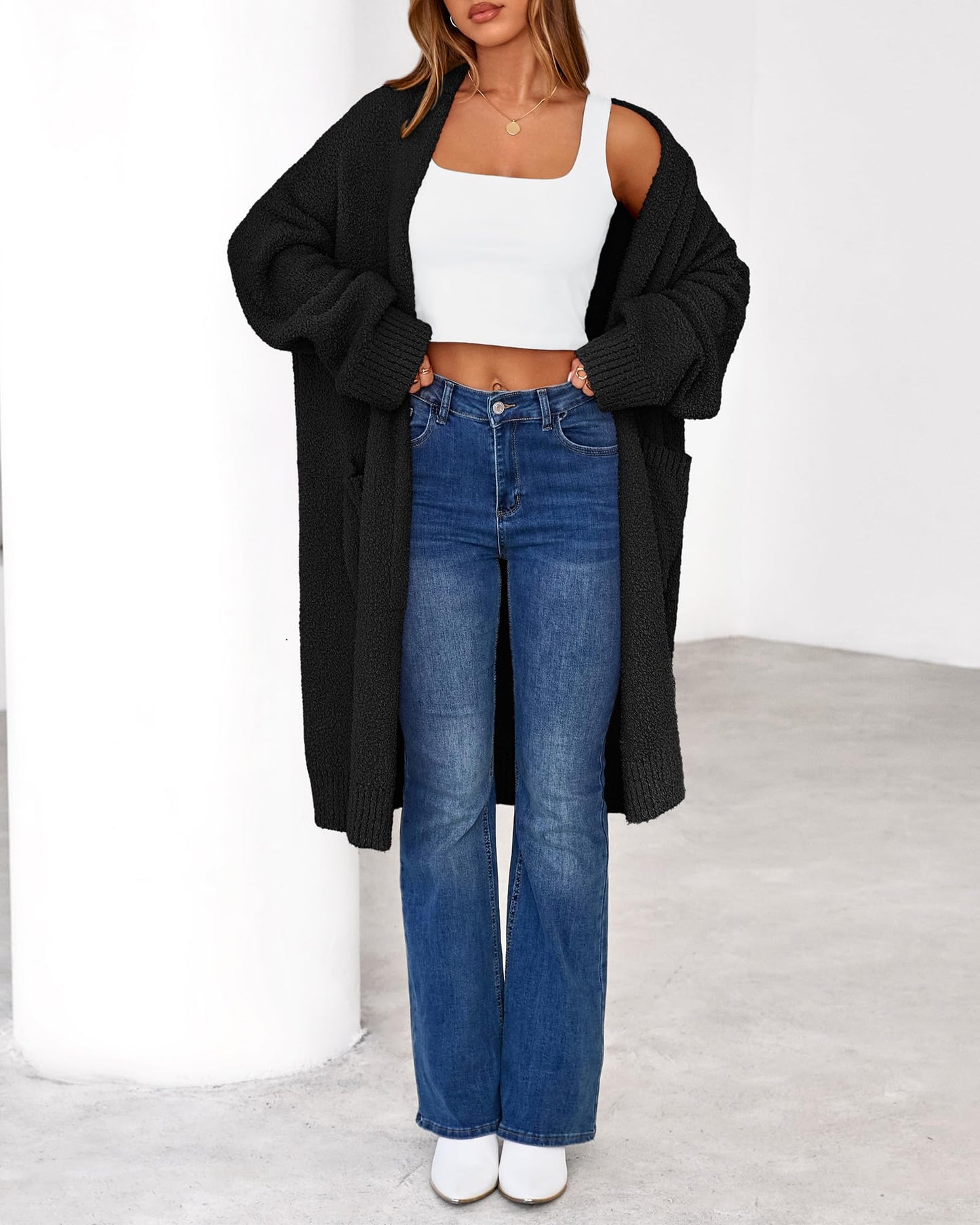 Women's Long Cardigan Sweater - Open Front Oversized Knit Coat with Pockets