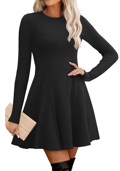 Women's Sweater Dress - Long Sleeve Ribbed Knit Fit and Flare A-Line Dress A Black