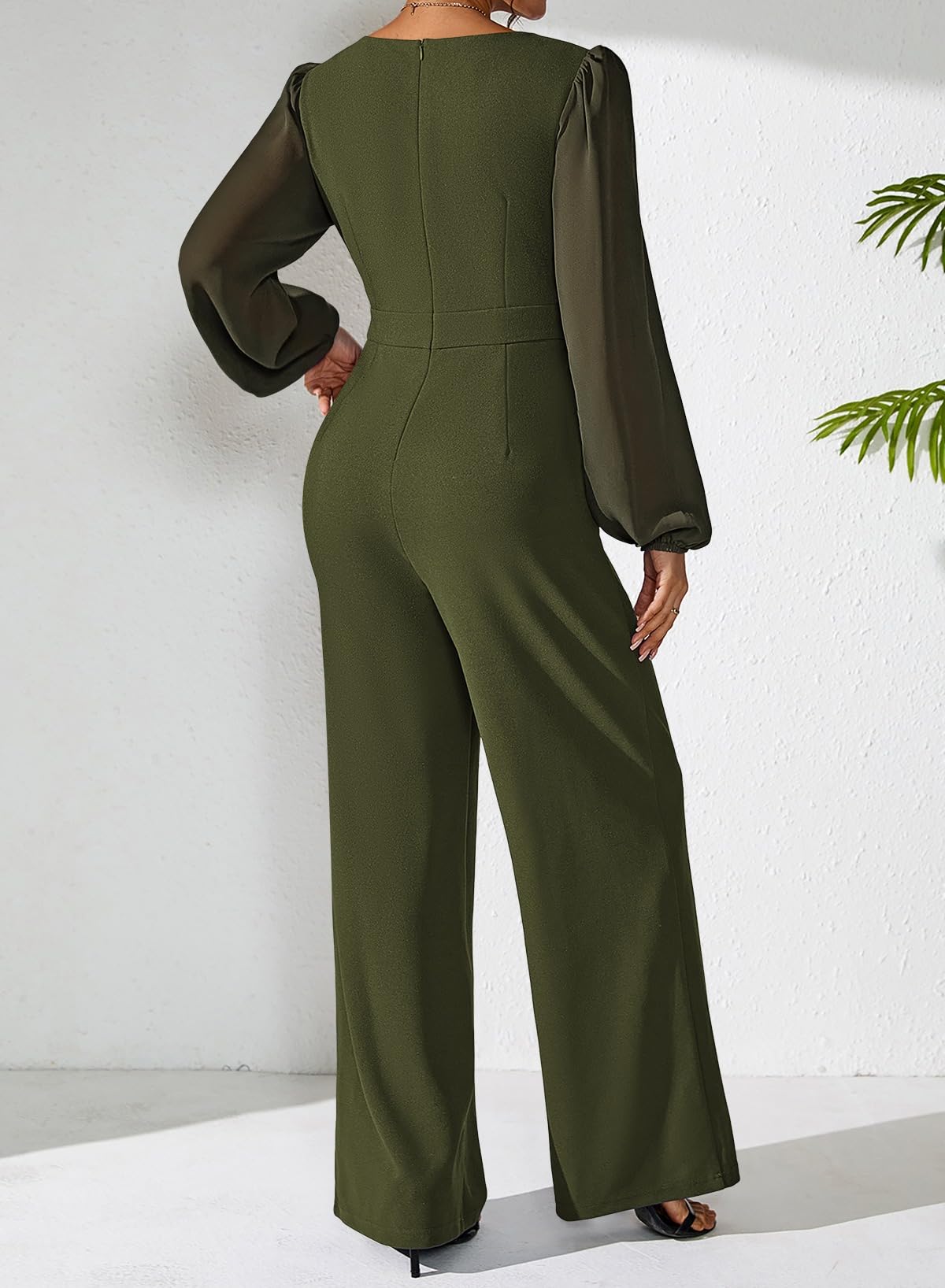 Pink Queen Jumpsuits for Women Dressy Patchwork Chiffon Sleeve V Neck Wide Leg Romper Holiday Party Outfits