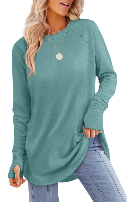 Tunic Top with Thumb Holes for Women - Long Sleeve Shirt with Curved Hem G-greyblue