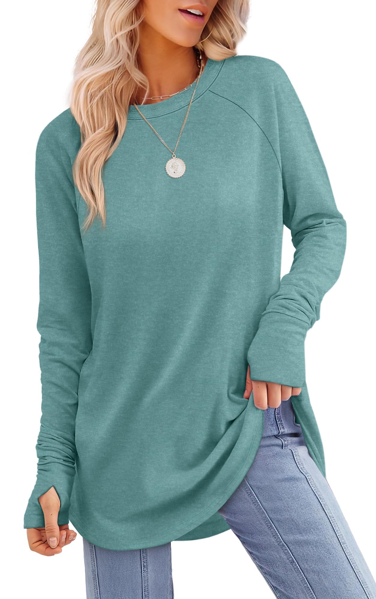 Tunic Top with Thumb Holes for Women - Long Sleeve Shirt with Curved Hem