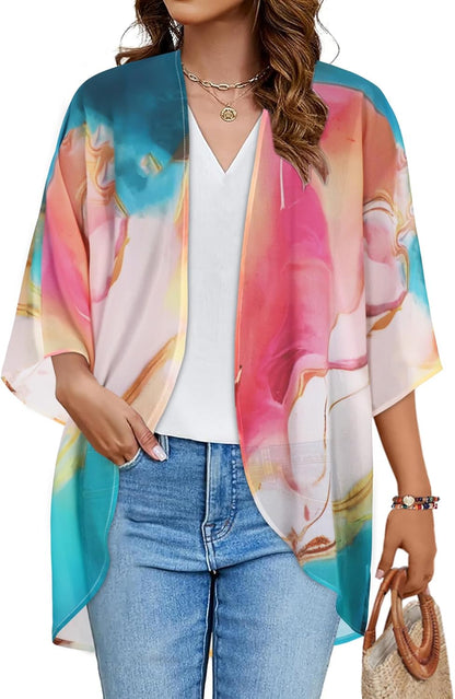Floral Print Kimono Cardigan Women Puff Sleeve Cover Up Casual Blouse Loose Top Colorful Gilt