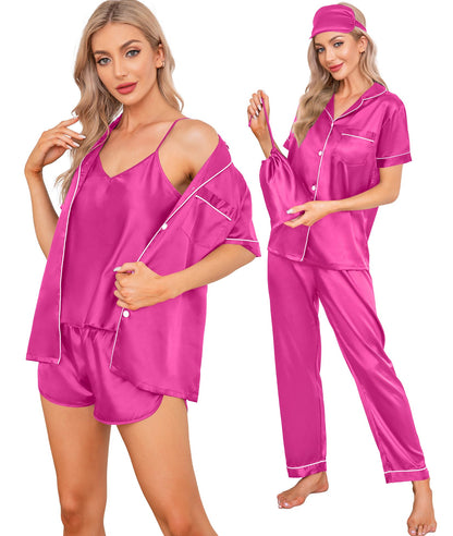 SWOMOG Womens Silk Satin Pajamas Sets 7pcs Sleepwear Sexy Cami Shorts Set and Button Down Short Sleeve Satin Pjs