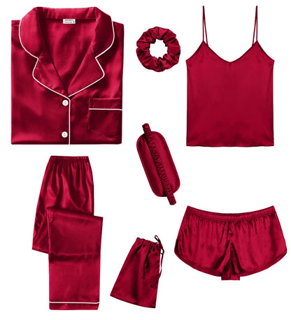 SWOMOG Womens Silk Satin Pajamas Sets 7pcs Sleepwear Sexy Cami Shorts Set and Button Down Short Sleeve Satin Pjs