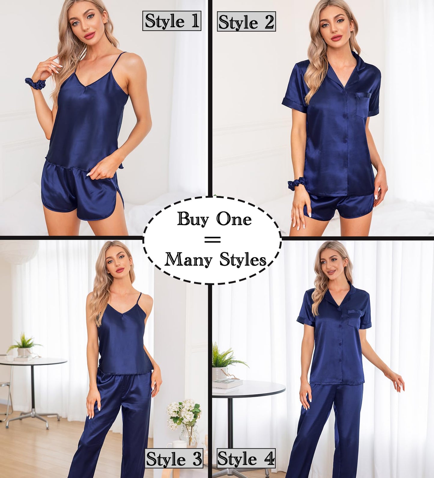 SWOMOG Womens Silk Satin Pajamas Sets 7pcs Sleepwear Sexy Cami Shorts Set and Button Down Short Sleeve Satin Pjs