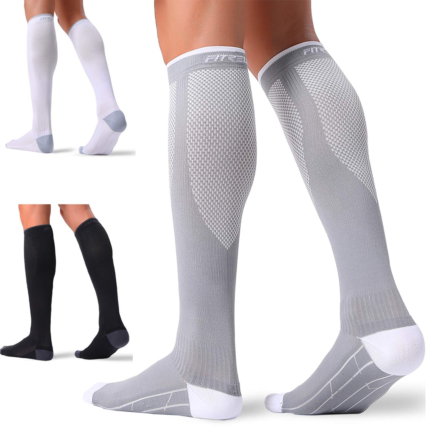 Compression Socks 20-30mmHg 3 Pairs Women Men Circulation Support Black+white+grey