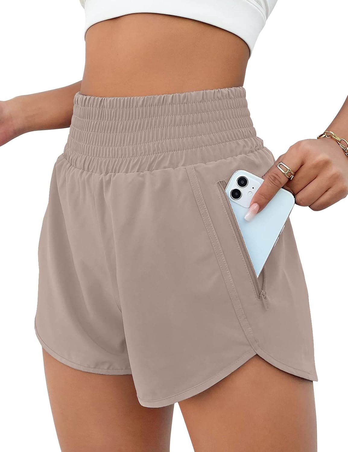 High Waisted Athletic Shorts Women Running Workout Shorts with Pockets Gym Sporty Khaki