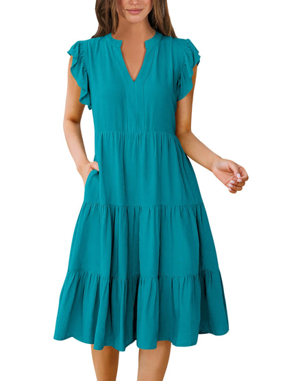 Blue Casual Dresses - Women's Summer Midi Dress - Ruffle Sleeve V-Neck Boho Beach Dress Lake Green