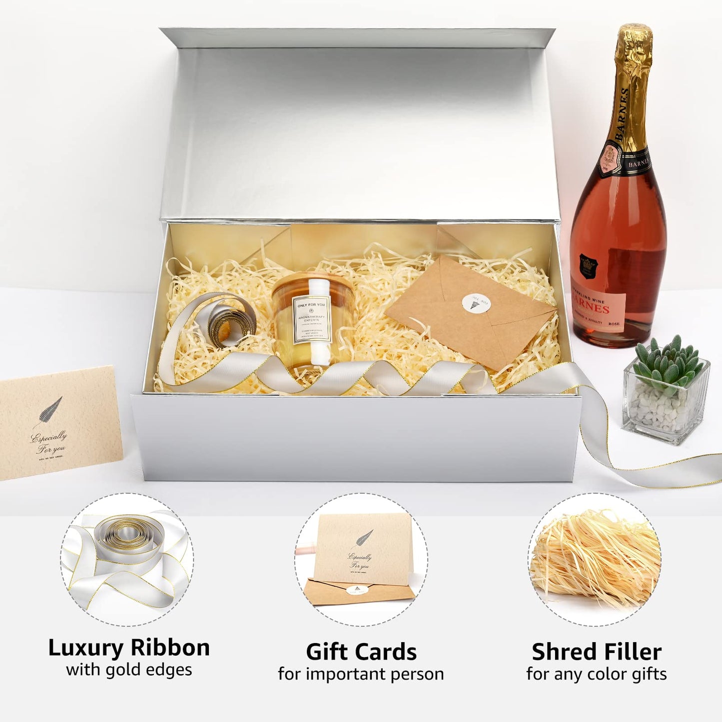 Gift Boxes with Lids 2 Pack - Magnetic Closure with Ribbon, Card, Filler & Sticker