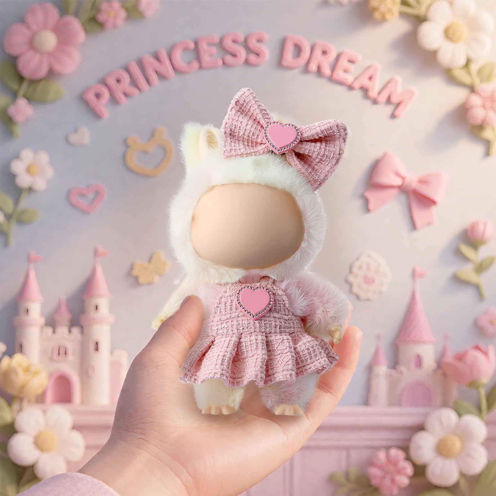 3 Piece Handmade Crochet Outfit for 17cm Dolls - Heart Sweater Hat & Bag Set