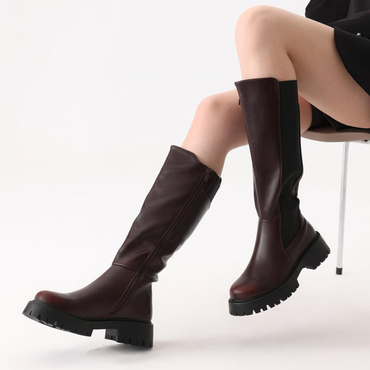 PODAIK Women’s Knee High Boots Platform Stretch Lug Sole Riding Boots Round Toe Elastic Comfortable Fashion Dress Boots with Side Zipper(10,burgundy)
