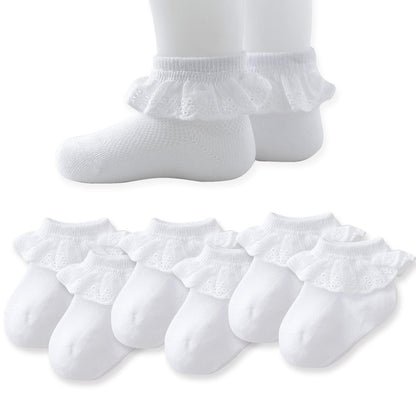Baby Girl Lace Socks - Newborn Eyelet Ruffle Crew Socks 0-6 6-12 12-24 Months Cotton White 6 Pack