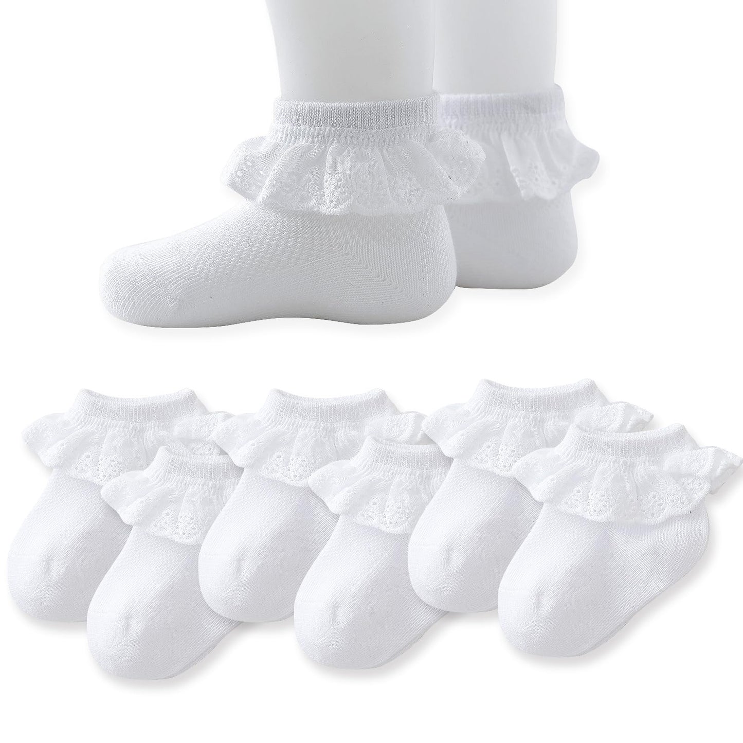 Baby Girl Lace Socks - Newborn Eyelet Ruffle Crew Socks 0-6 6-12 12-24 Months Cotton White 6 Pack