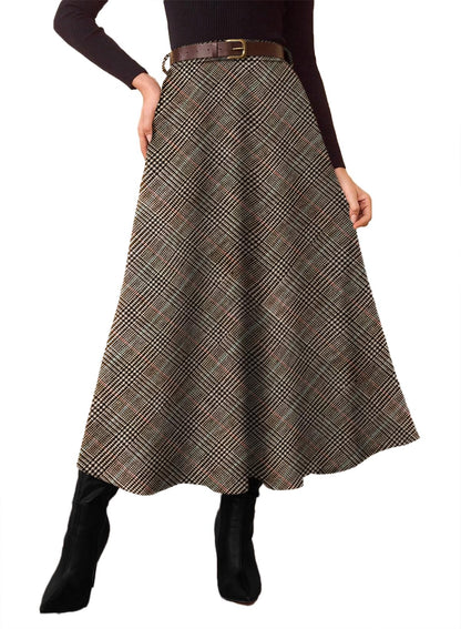 Women's Plaid Skirts - High Waist A-Line Midi Tartan Skirt with Pockets