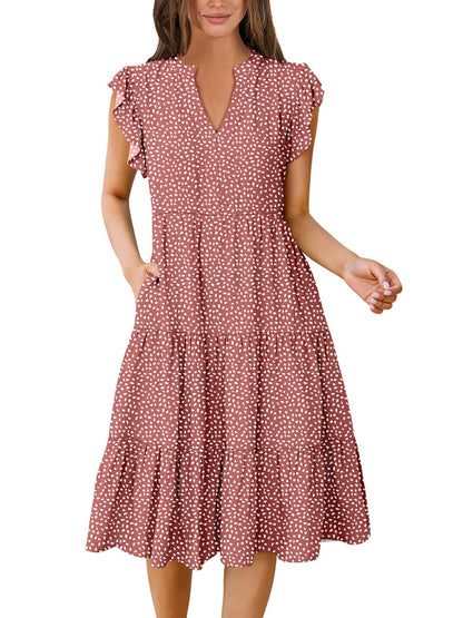 Blue Casual Dresses - Women's Summer Midi Dress - Ruffle Sleeve V-Neck Boho Beach Dress Rust Red White Dot