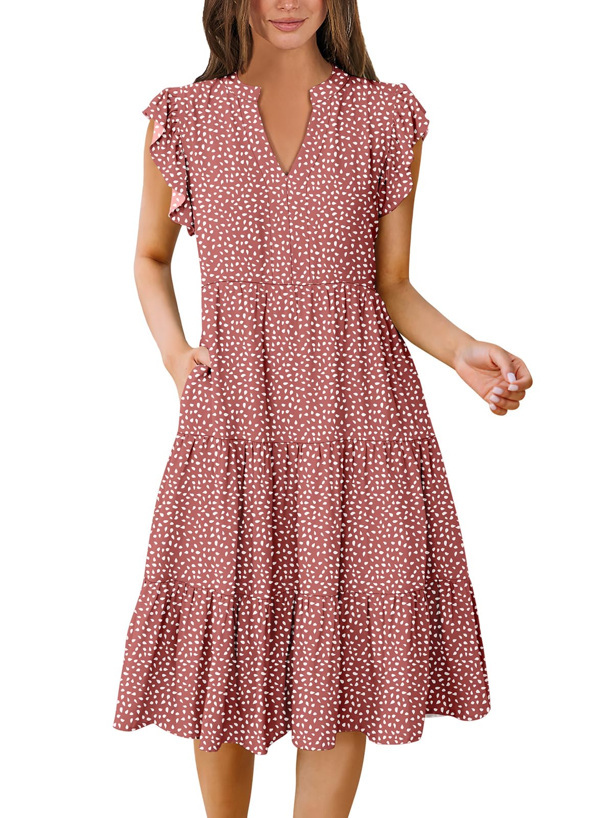 Blue Casual Dresses - Women's Summer Midi Dress - Ruffle Sleeve V-Neck Boho Beach Dress Rust Red White Dot