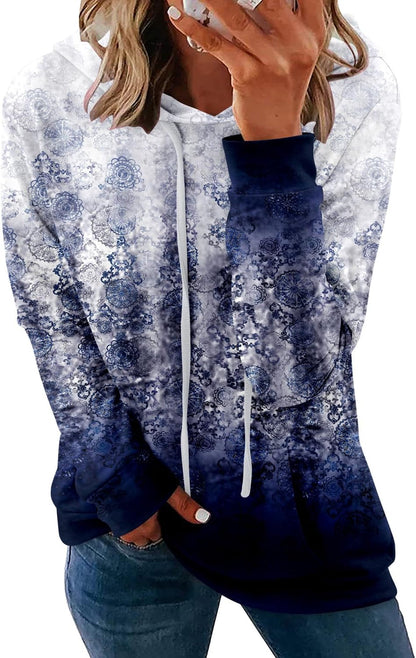 Pullover Hoodie - Tie Dye & Floral Print Hooded Sweatshirt with Pockets