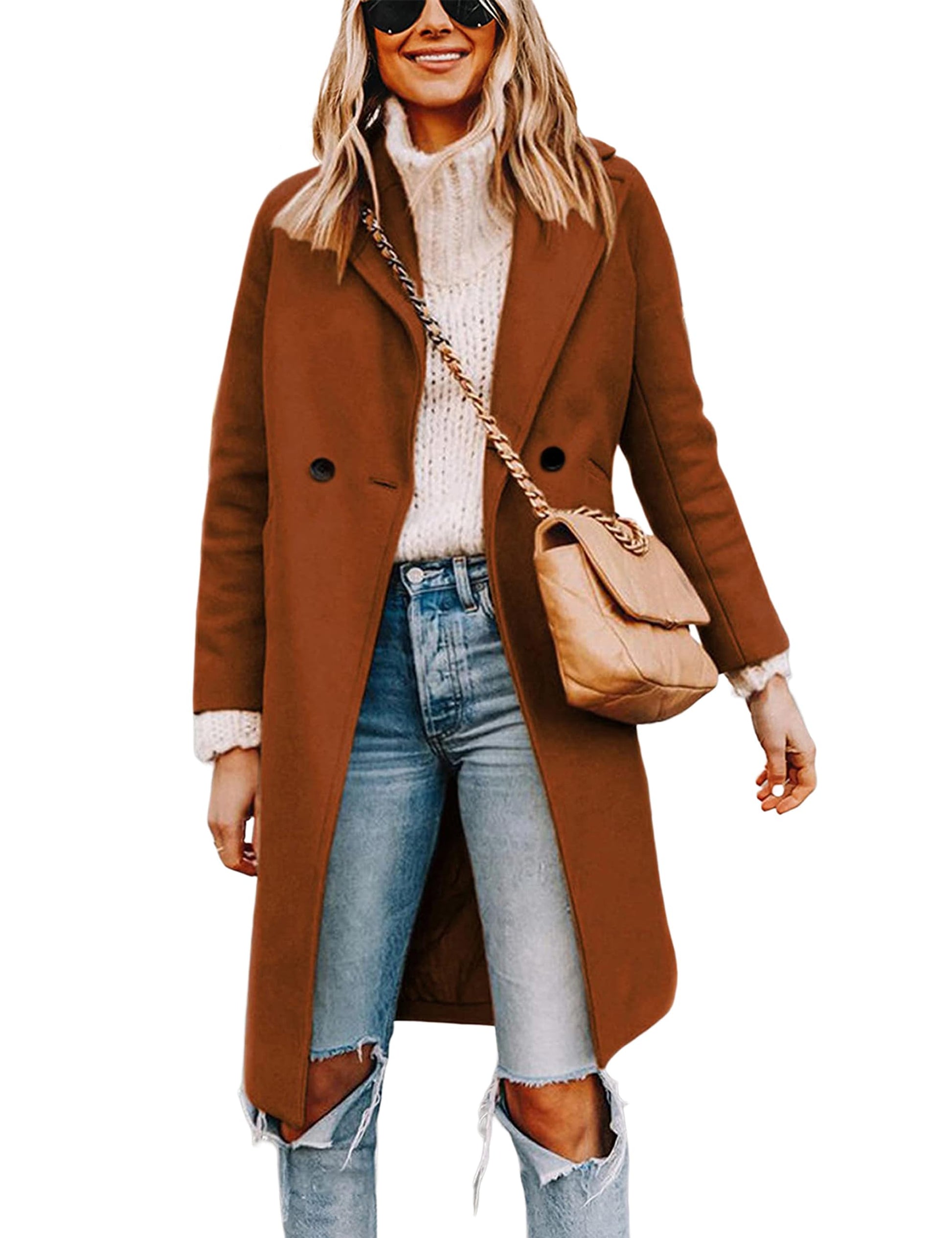 Wool Blend Pea Coat - Double Breasted Mid Length Trench Coat for Women