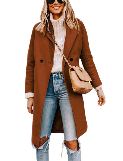 Wool Blend Pea Coat - Double Breasted Mid Length Trench Coat for Women Caramel