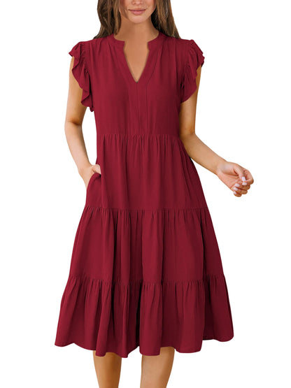 Blue Casual Dresses - Women's Summer Midi Dress - Ruffle Sleeve V-Neck Boho Beach Dress Wine Red
